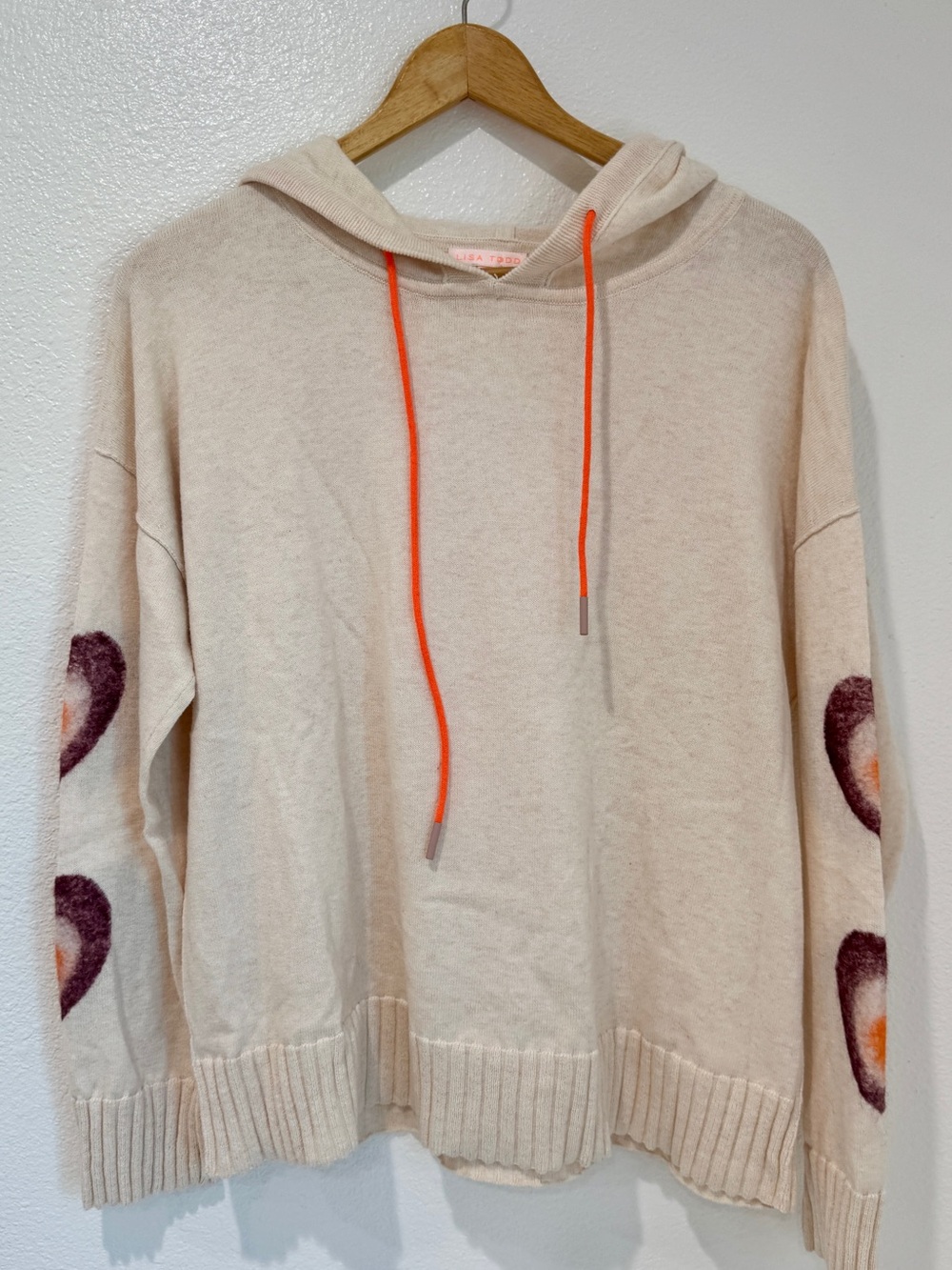 Lisa Todd Preppy Chic Boho Heart Sleeve Knit Hooded Sweater Cotton Cashmere L